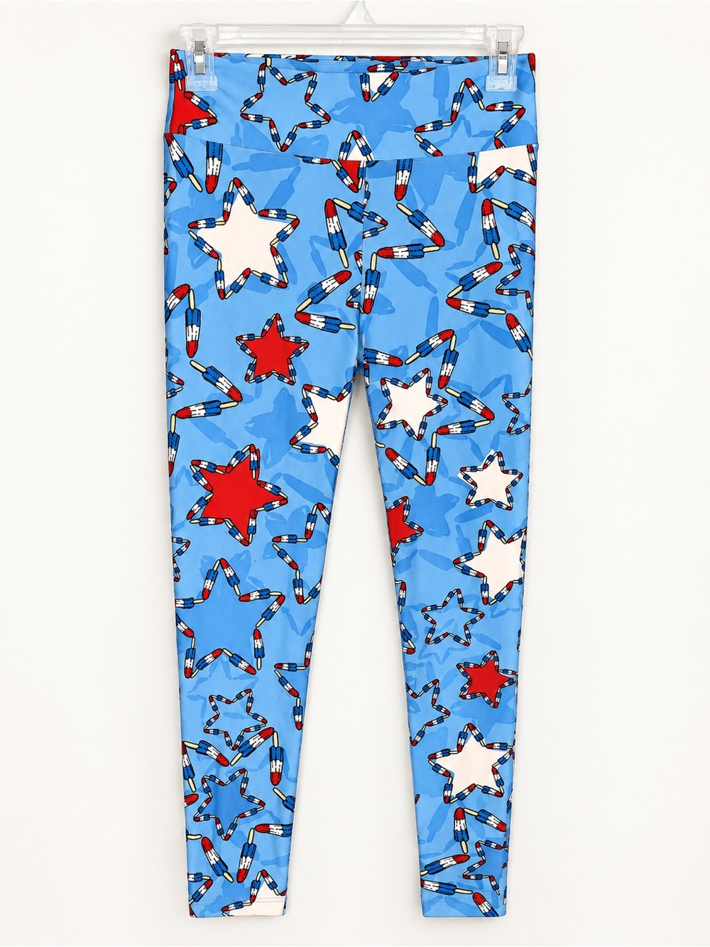 LuLaRoe women’s Light Blue Star Print Leggings with Red & White Accents